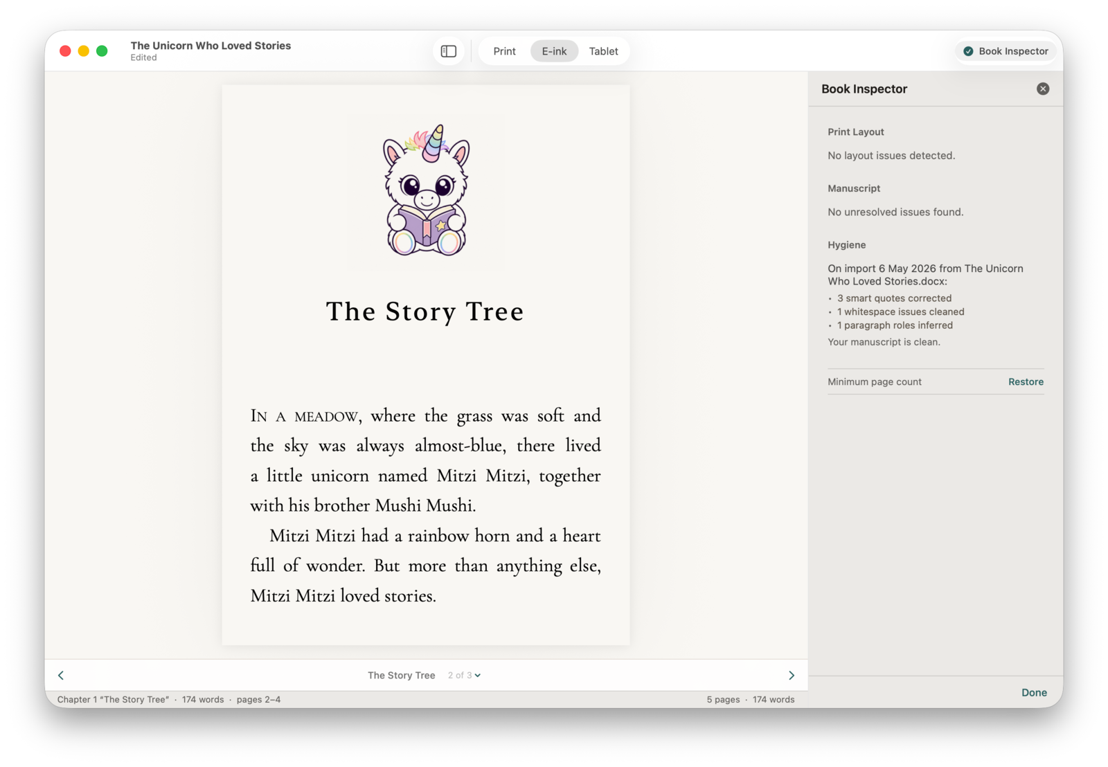 Stet's Book Quality Inspector reporting 'Your manuscript is clean' with Print Layout and Manuscript both showing no issues, plus a Hygiene log of the corrections Stet applied automatically on import.