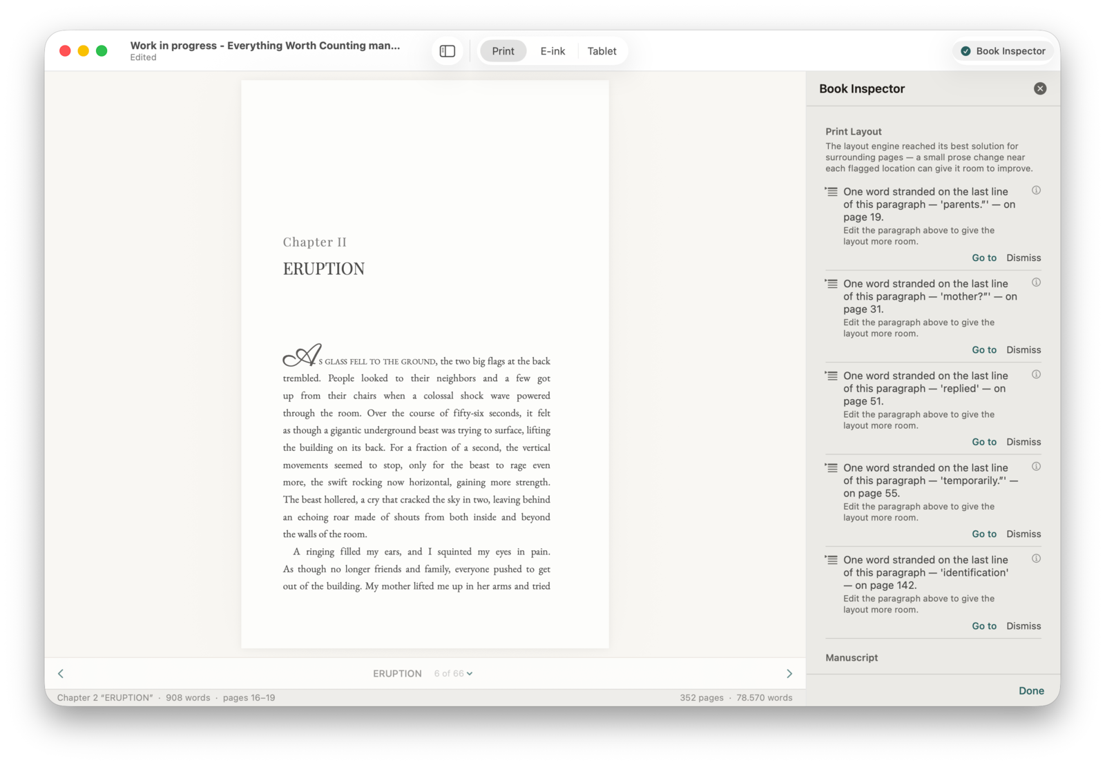 Stet's Book Quality Inspector flagging five runt lines across a 362-page manuscript — single words like 'parents', 'mother?', and 'identification' stranded on the last line of their paragraphs, each with its page number and a Go to / Dismiss action.