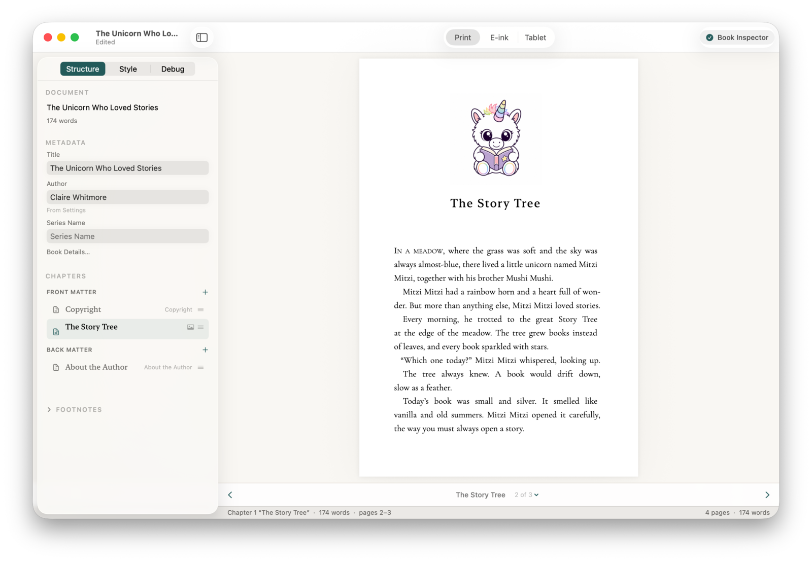 A children's book chapter titled 'The Story Tree' in Stet's print preview — a small unicorn illustration sits centred above the chapter title, with a drop cap and small-caps treatment on the opening words of the body text.