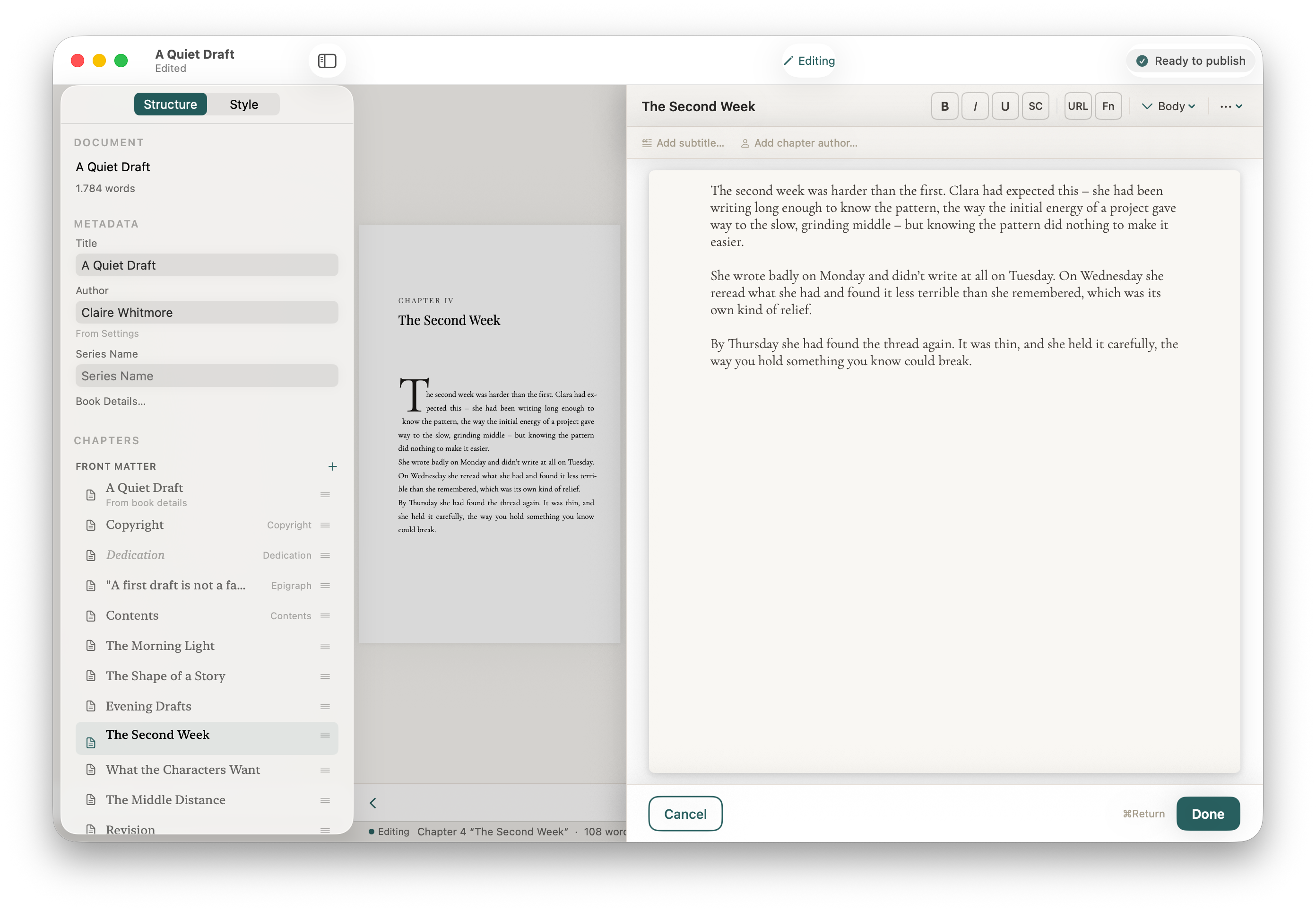 Stet's chapter editor open alongside the print preview, showing a chapter being edited with the formatting toolbar visible at the top.