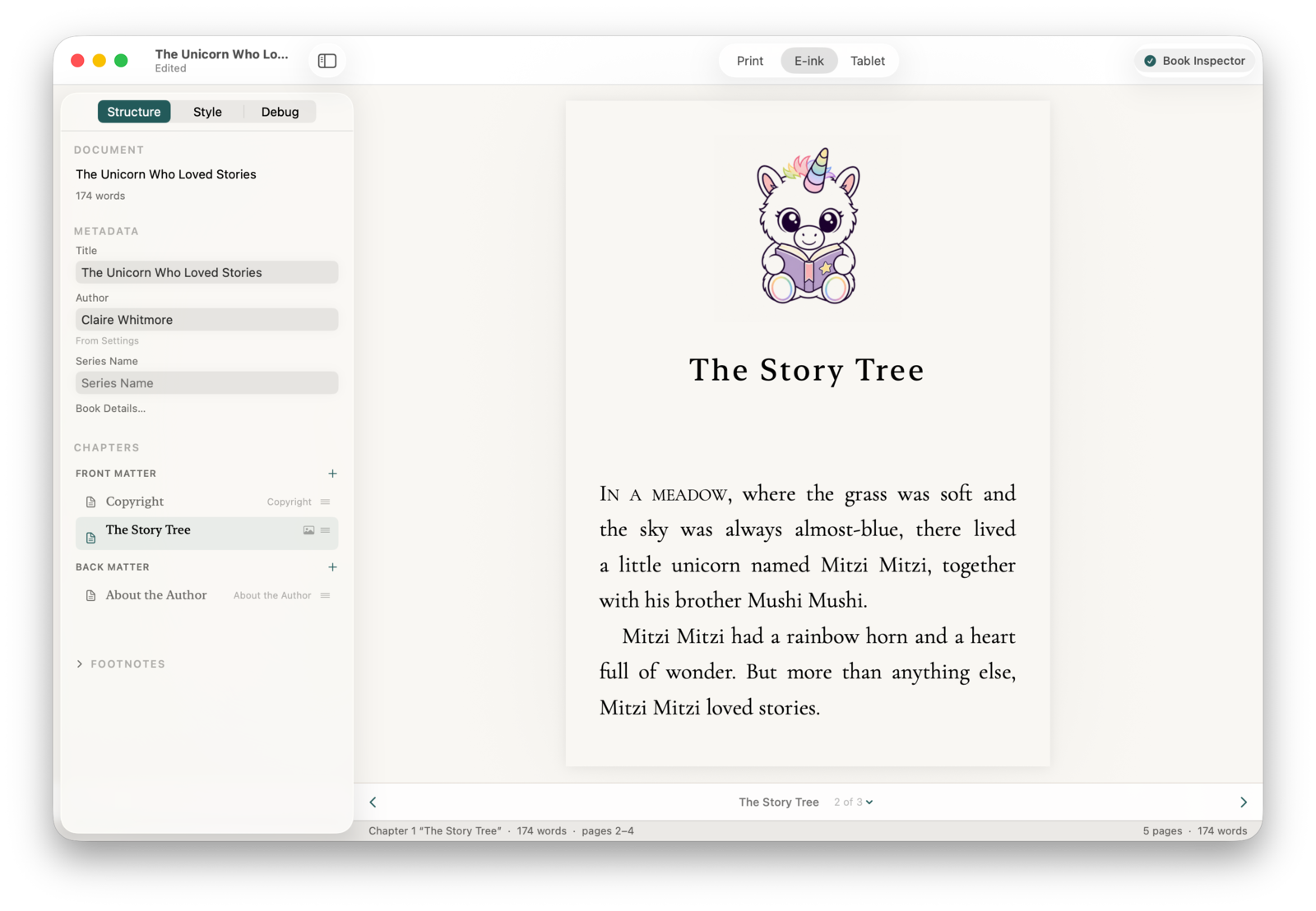 Stet's E-ink preview showing the same children's book chapter — 'The Story Tree' — formatted with generous line spacing, a small unicorn illustration above the title, and reflowable body text suitable for Kindle and Kobo readers.