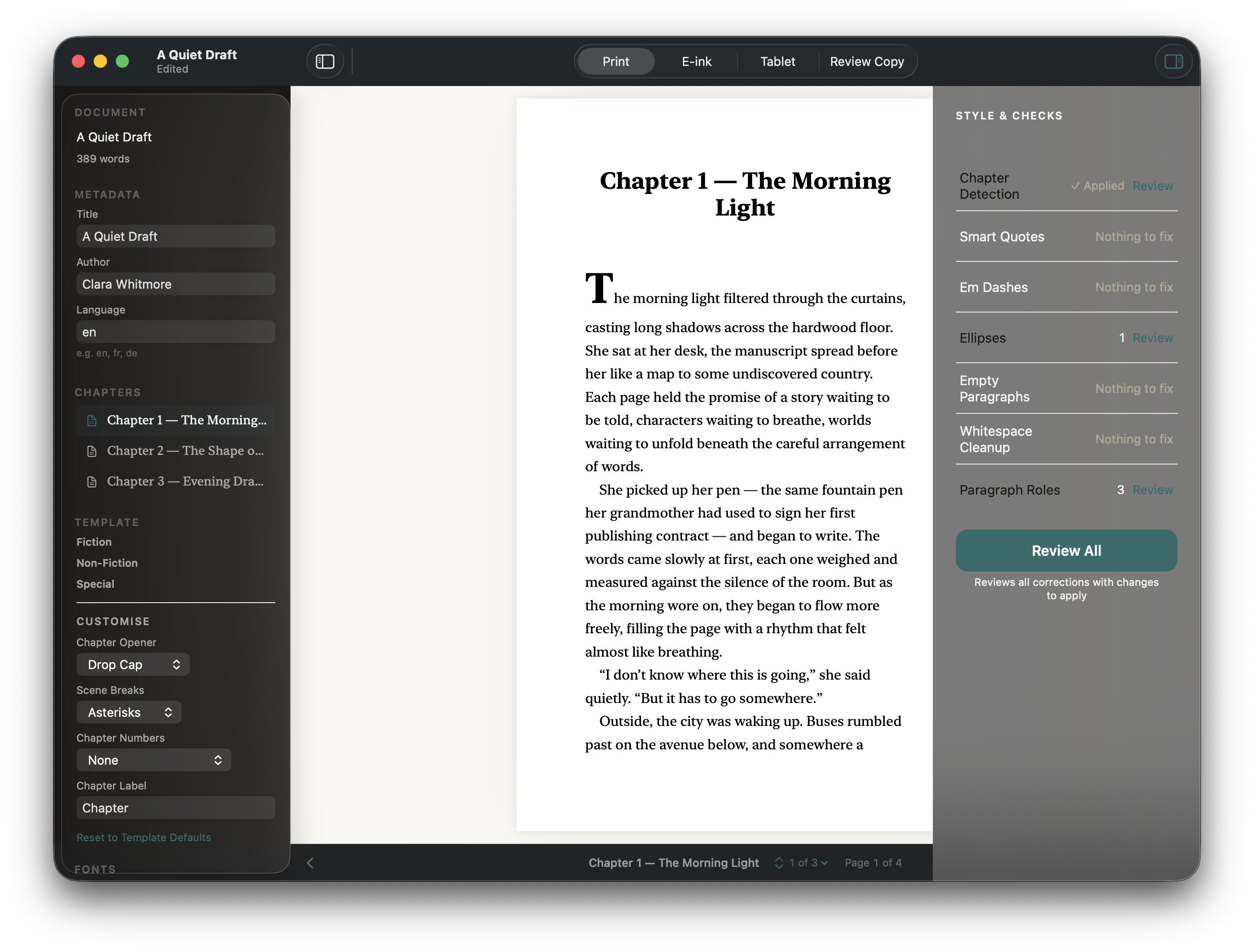 Stet showing the print preview with the chapter list, template picker, and Style & Checks panel.
