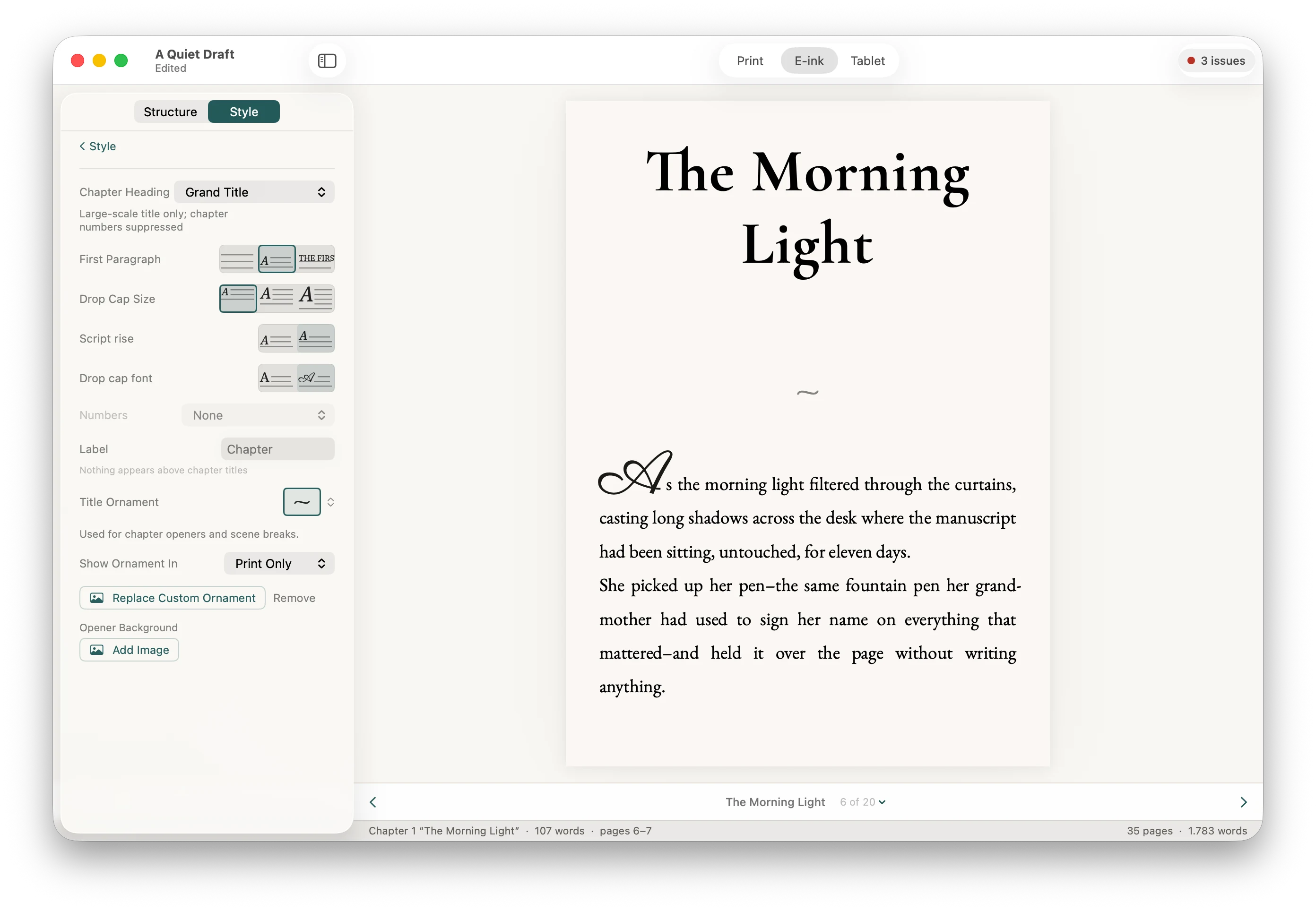 Stet previewing a designed chapter page with its typography controls in view.