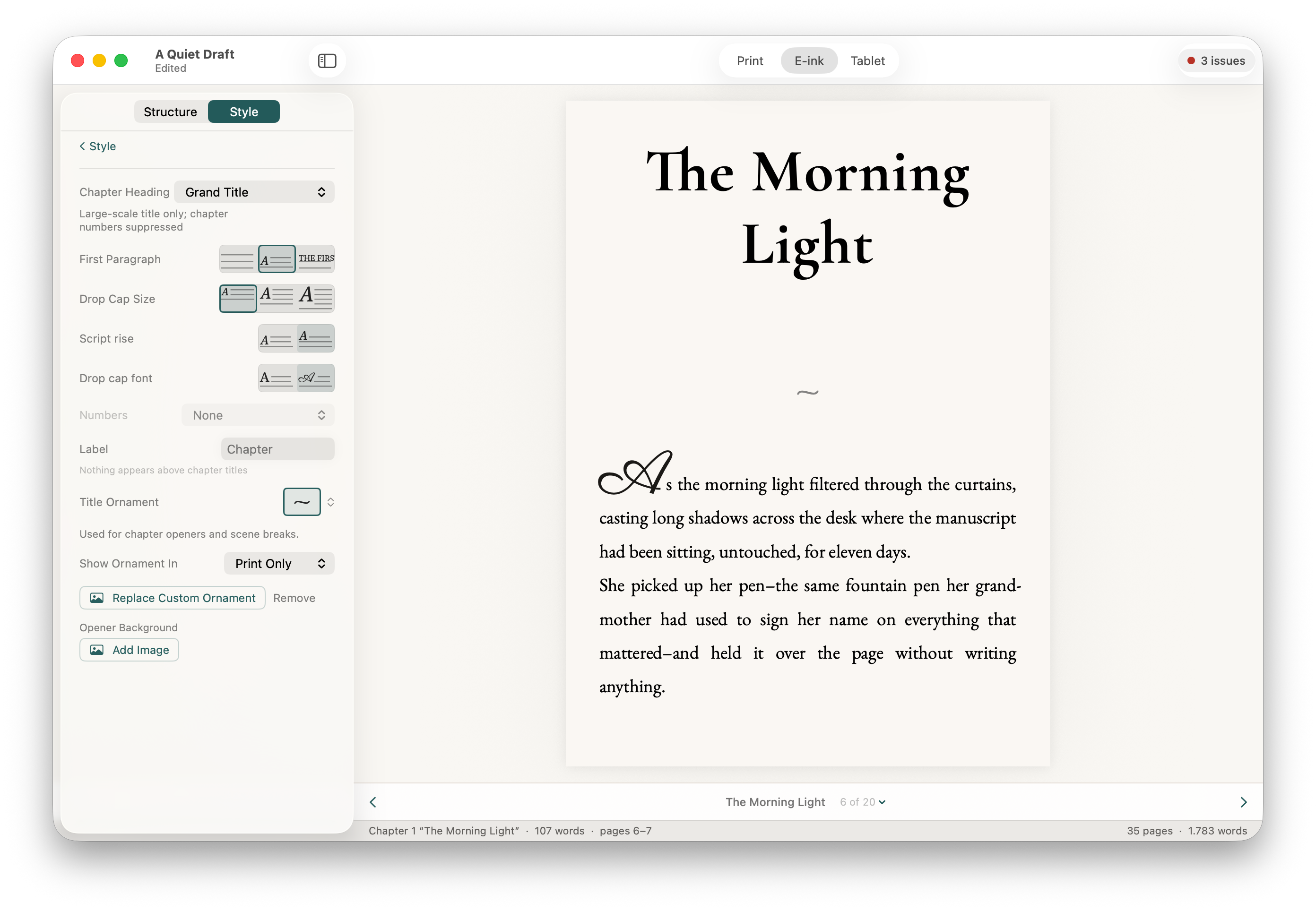 Stet showing the Print preview with a typeset chapter page — drop cap, chapter title, and justified body text — alongside the Style panel.