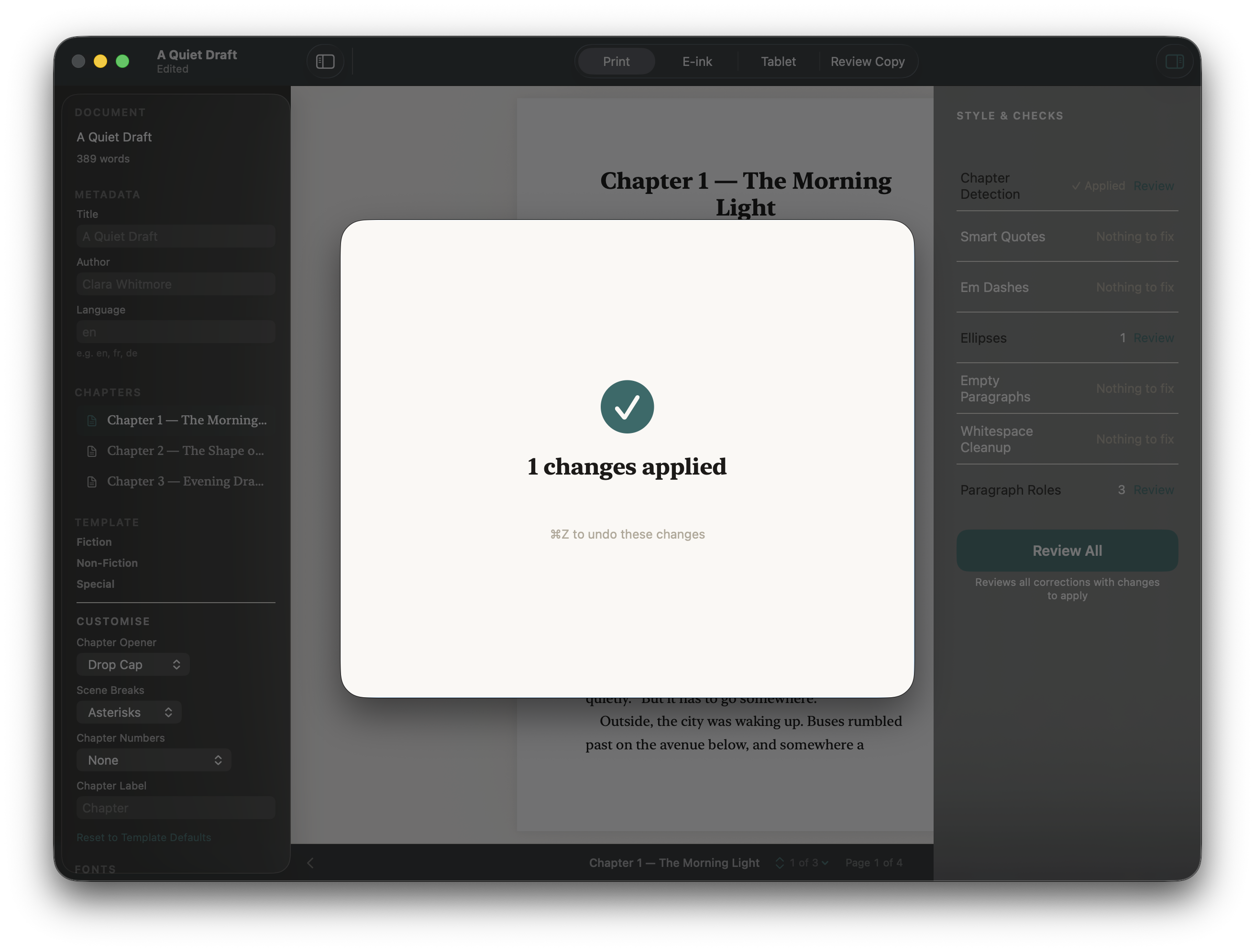 A completion sheet showing that changes were applied and can be undone.