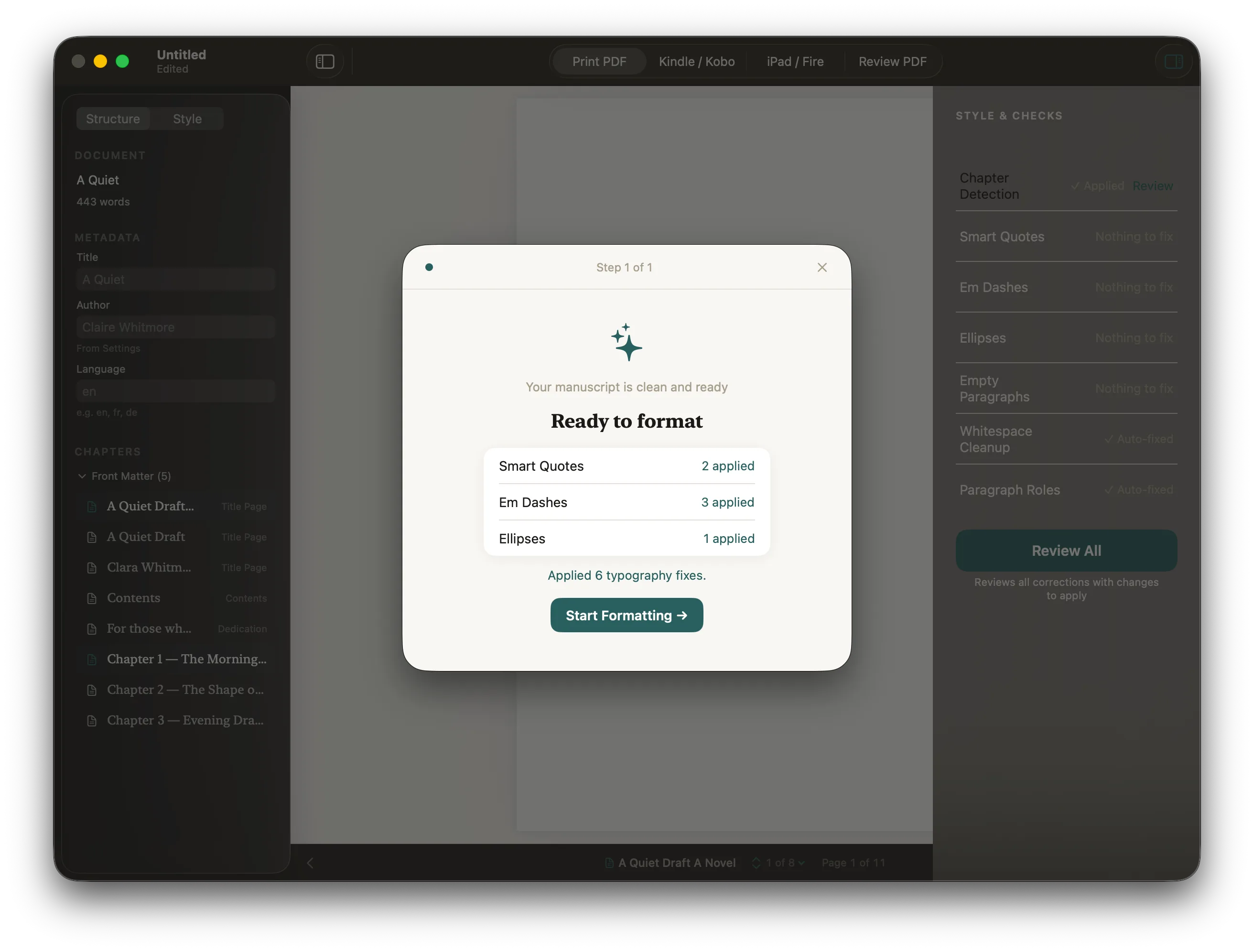 The Ready to format screen showing a summary of applied typography fixes and a Start Formatting button.