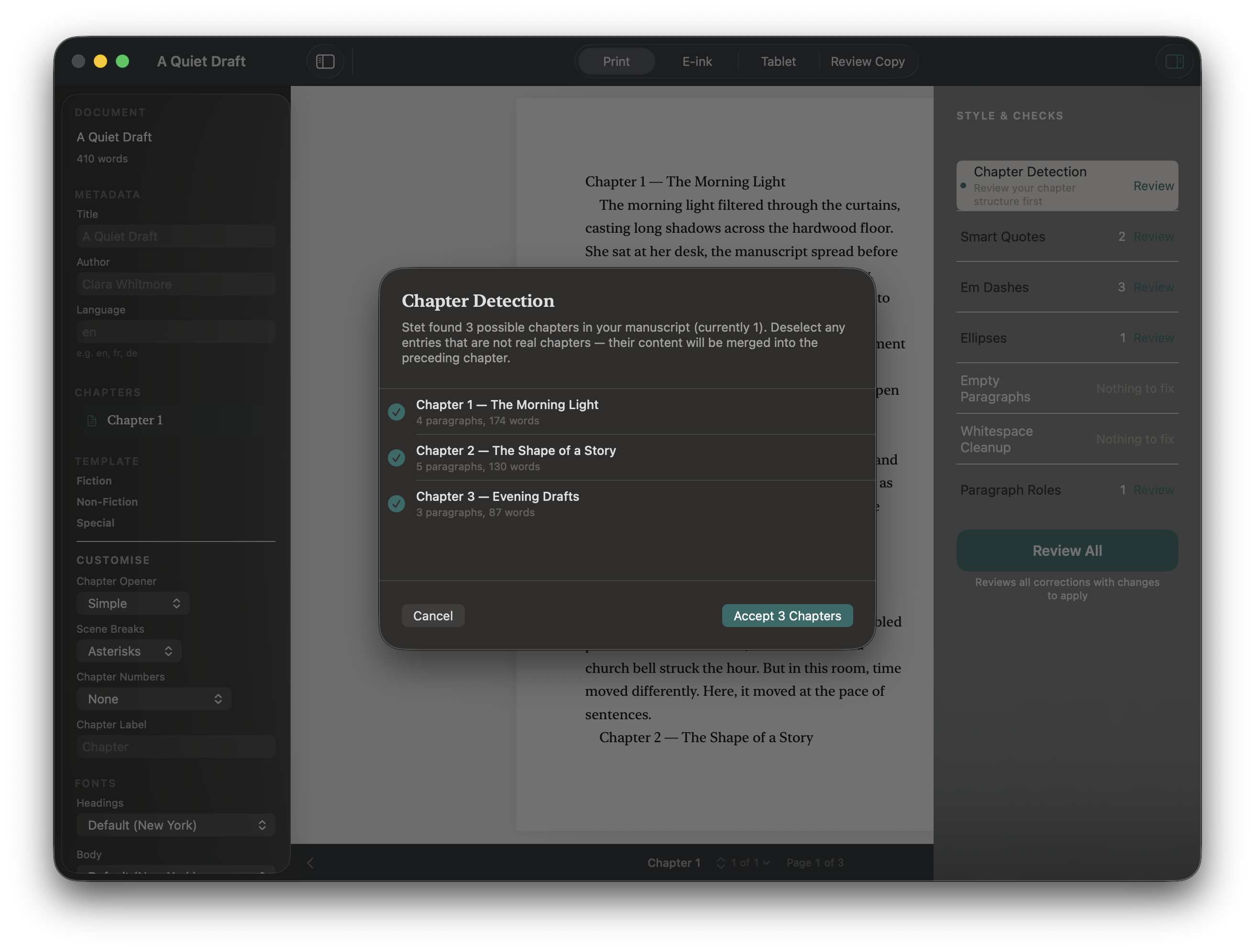 The Chapter Detection wizard listing three detected chapters with an Accept button.