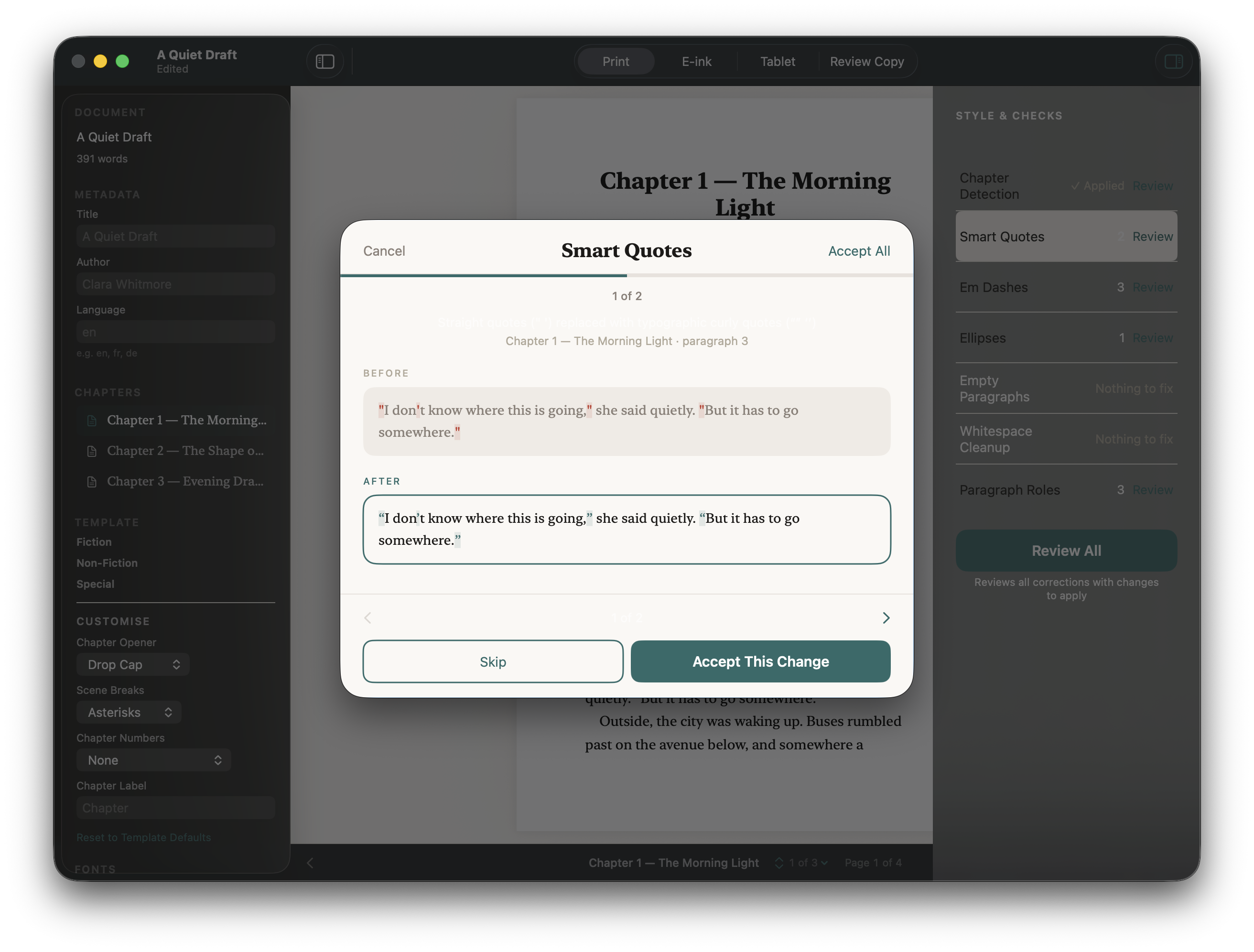 The Smart Quotes review sheet showing before and after text with skip and accept actions.
