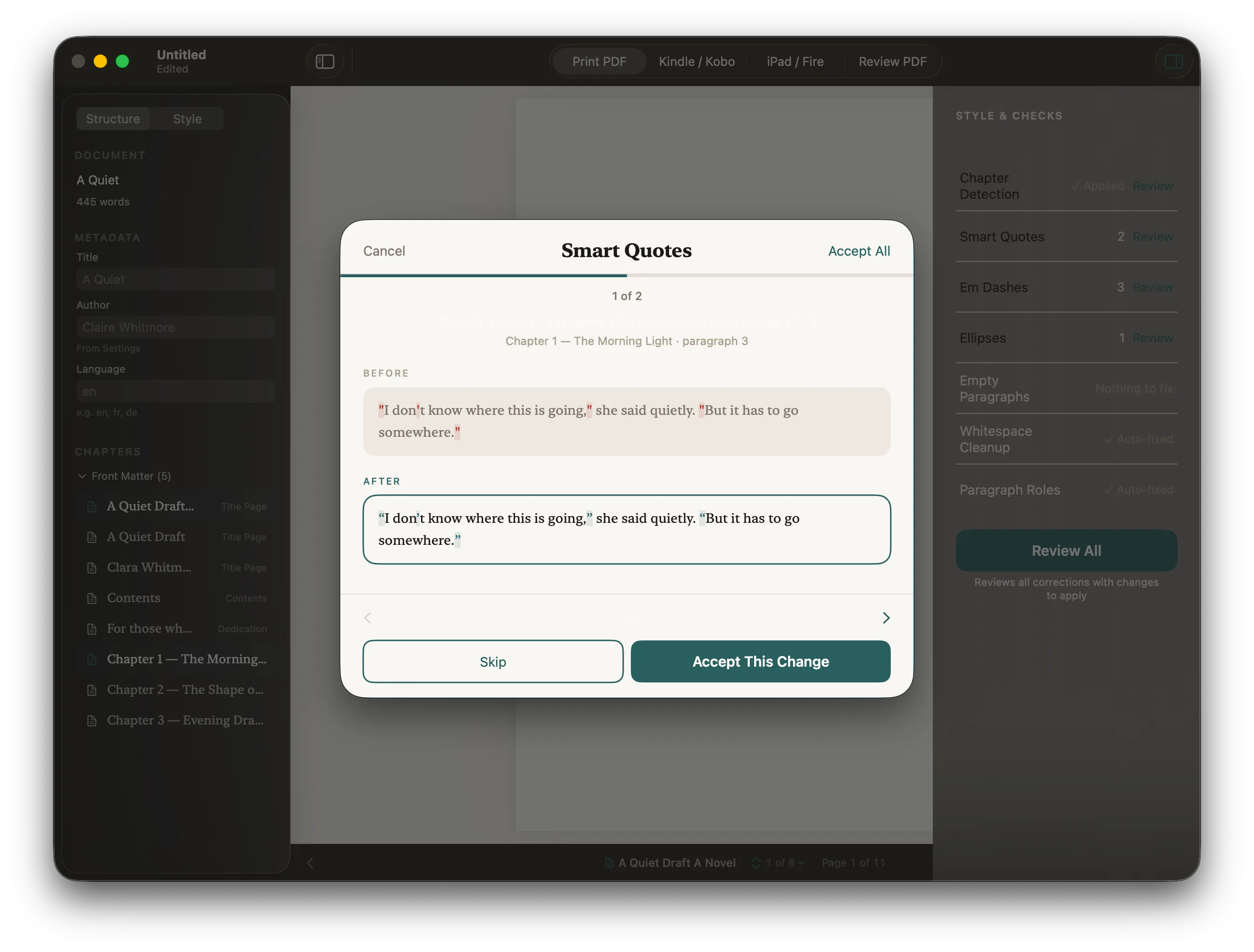 The Smart Quotes review sheet showing before and after text with Skip and Accept This Change buttons.