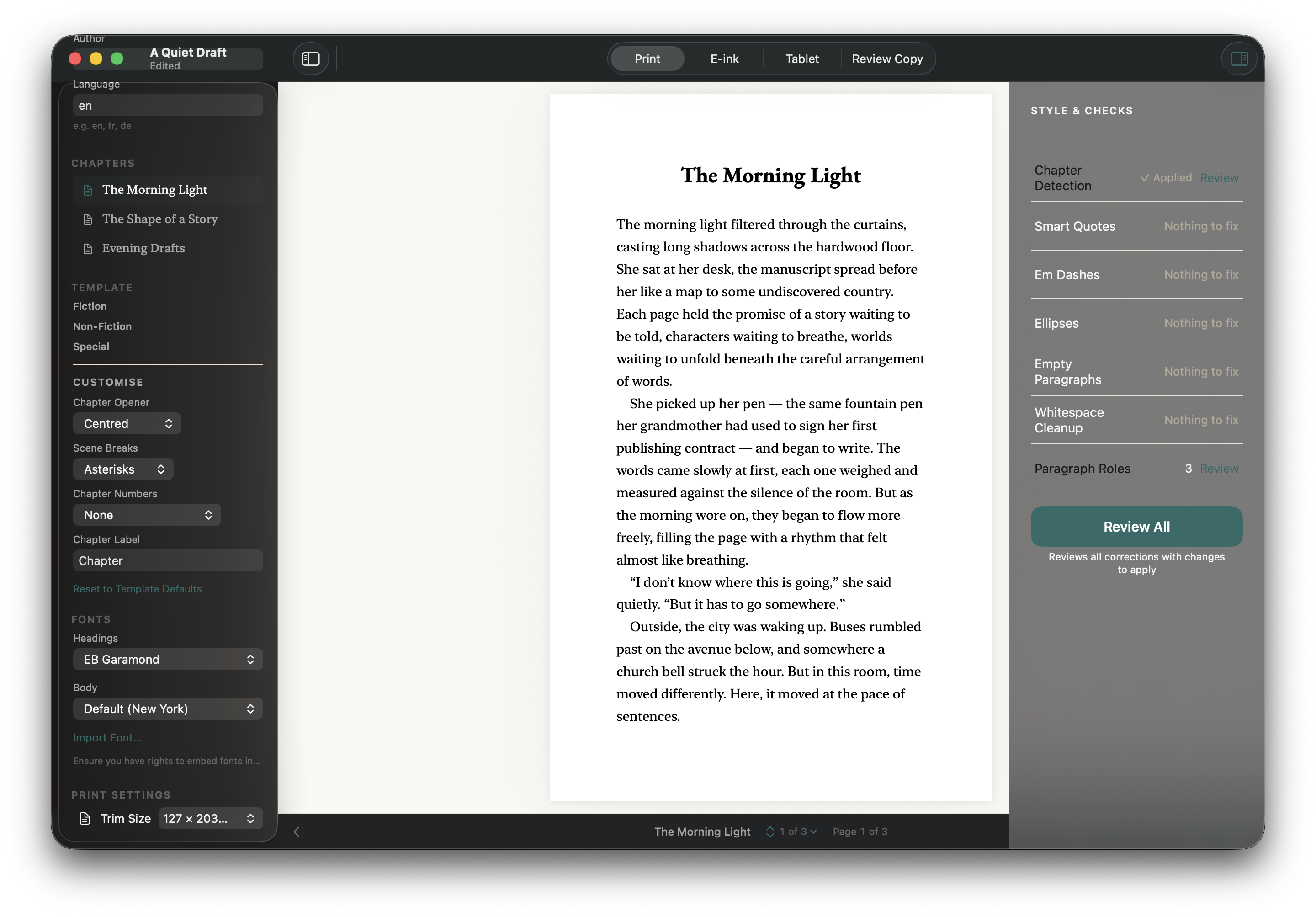 Stet showing the template groups, font pickers, and trim size controls in the sidebar.