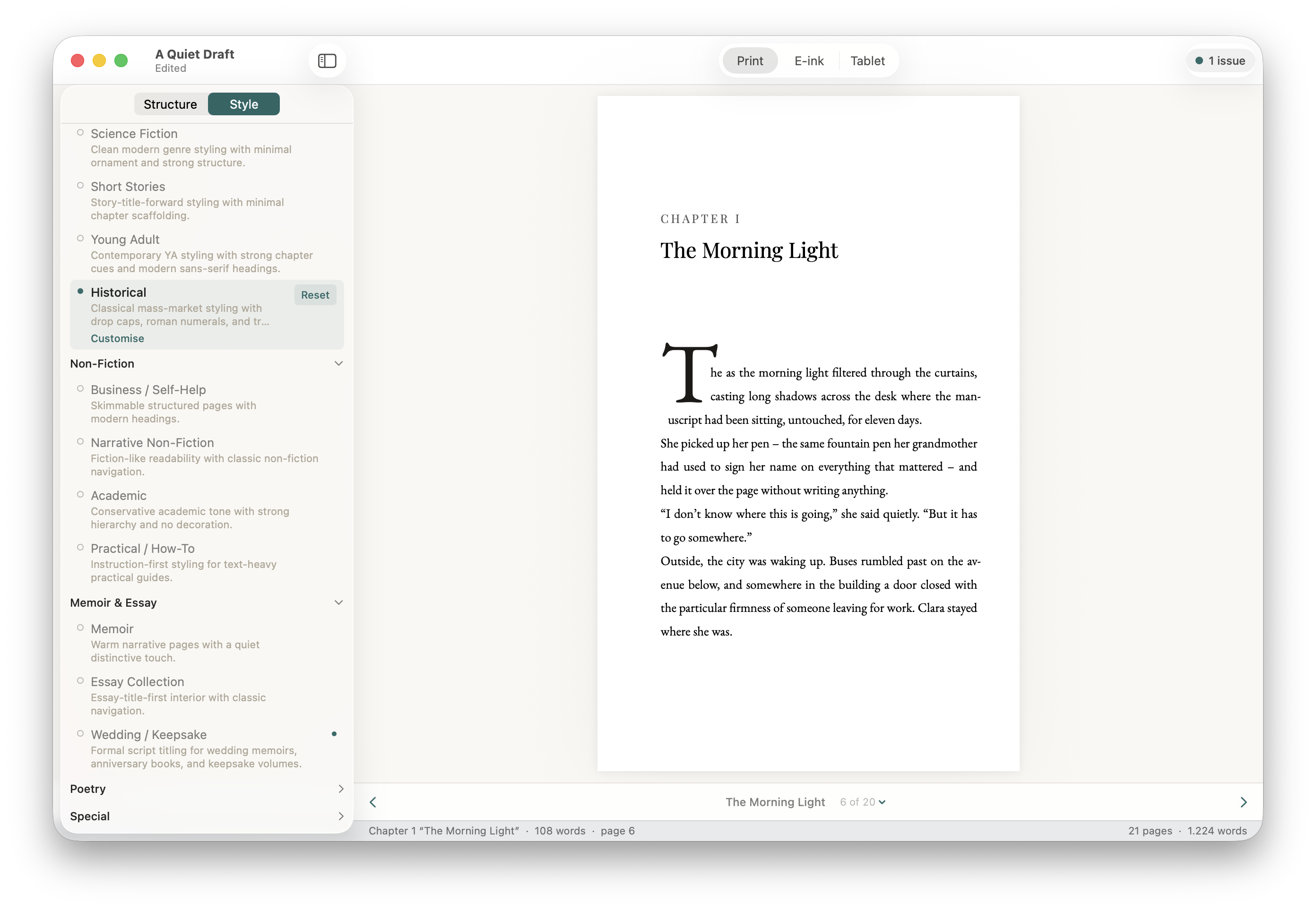 Stet's Style panel showing the full template list with Non-Fiction, Memoir & Essay and other groups, and the Historical template selected in preview.