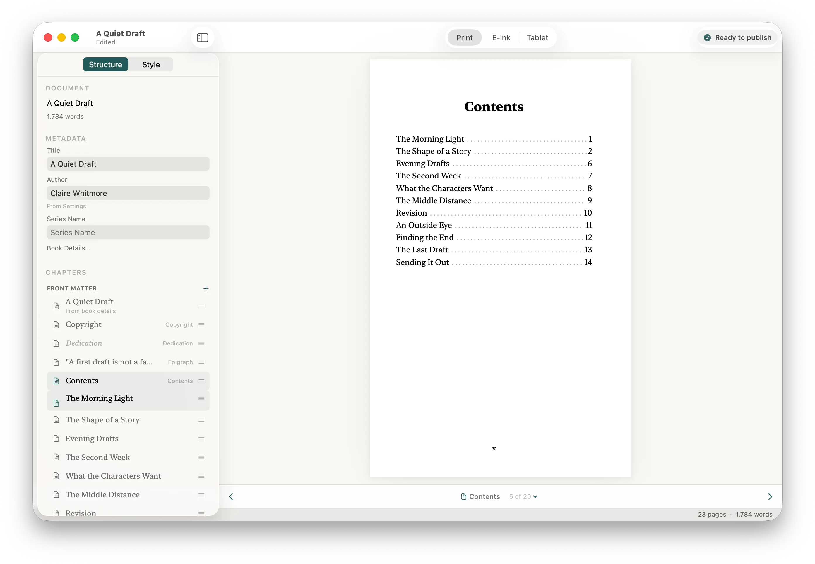 Stet showing an imported manuscript, its front matter, chapters, and generated contents page.