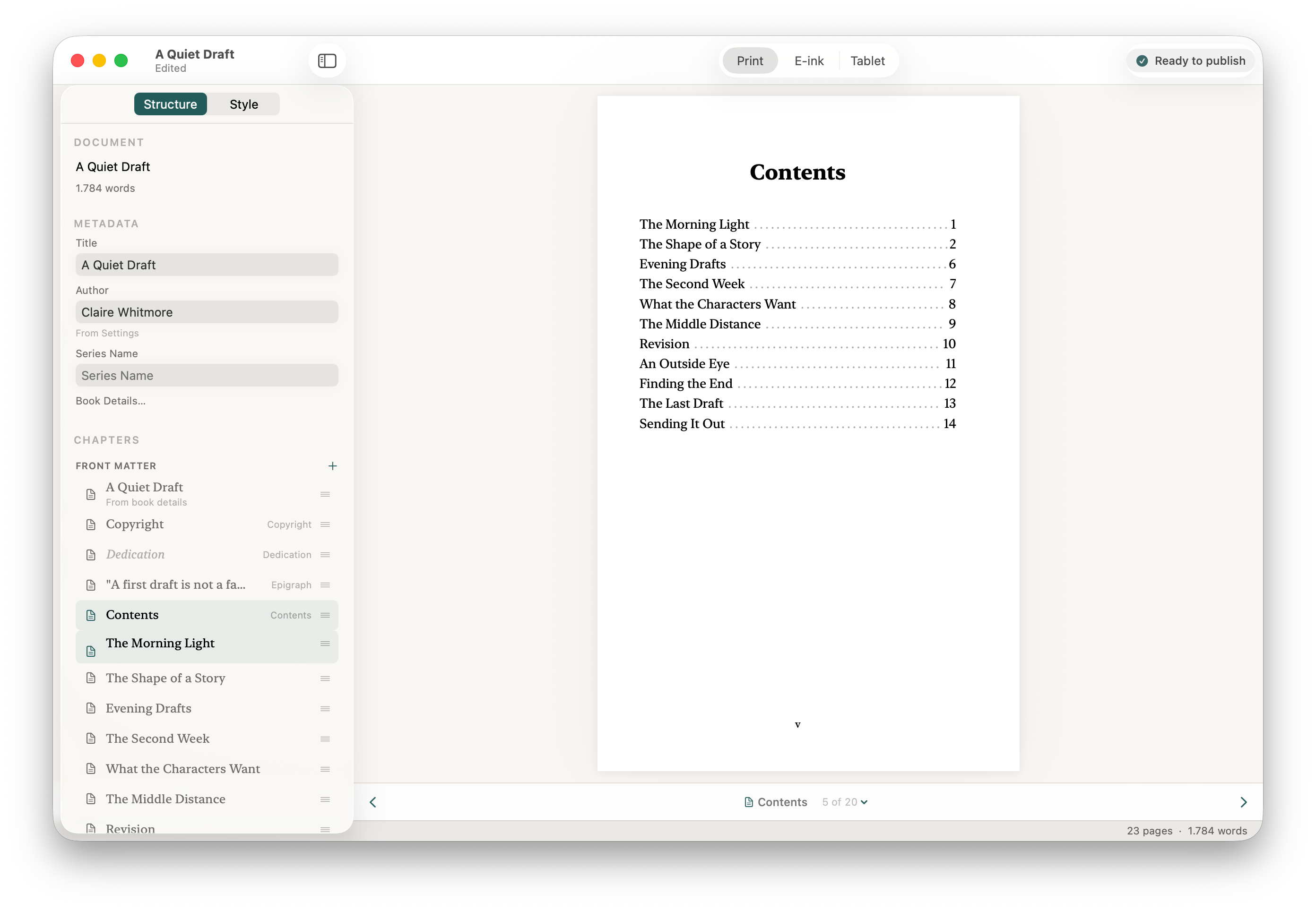 Stet's Structure panel showing automatically classified front matter and chapters with the table of contents visible in the print preview.