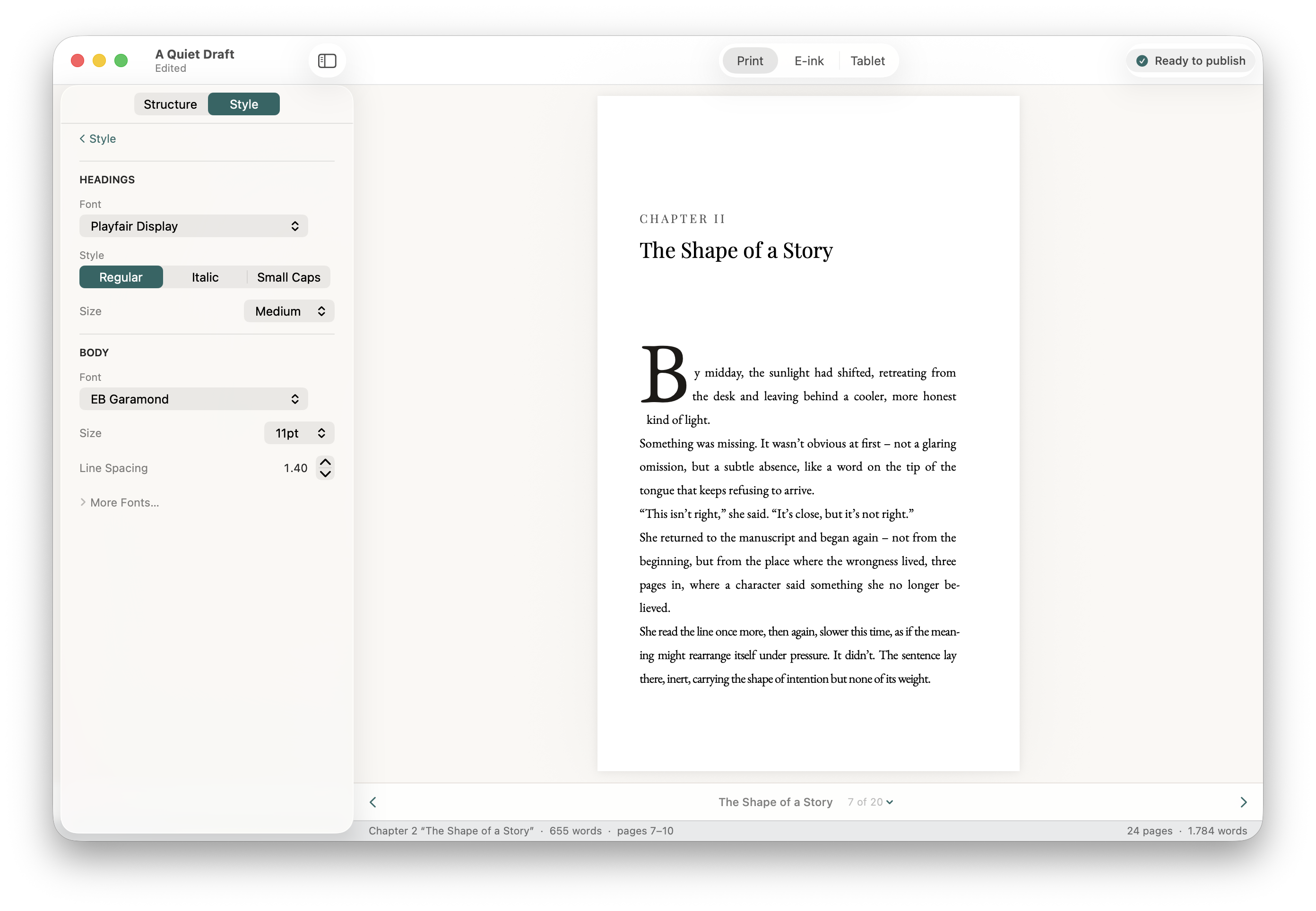 Stet's Style tab showing the font customisation panel with Playfair Display set as the heading font and EB Garamond as the body font, with size and line spacing controls.