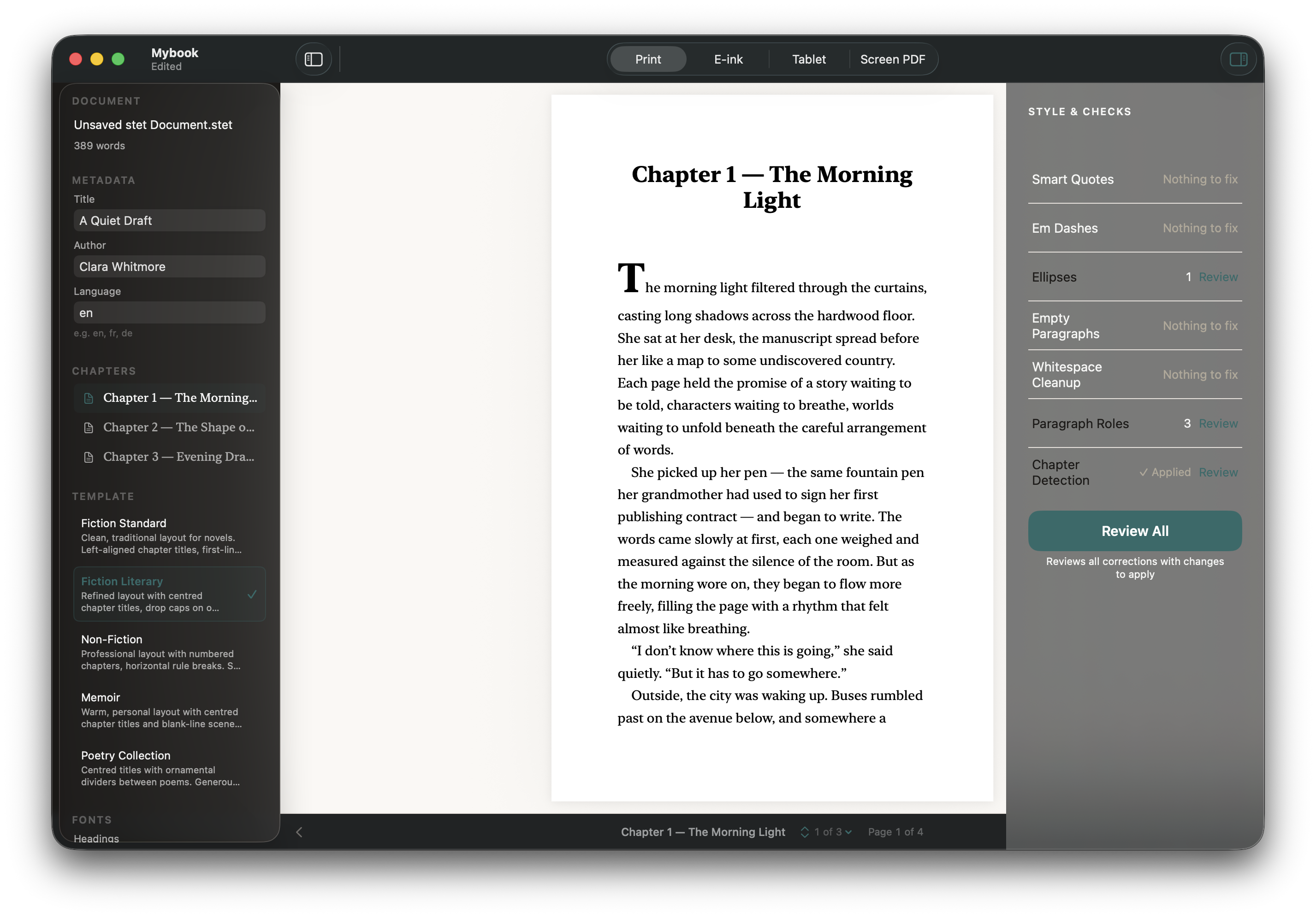 Stet showing the print preview, chapter list, template picker, and Style & Checks panel.