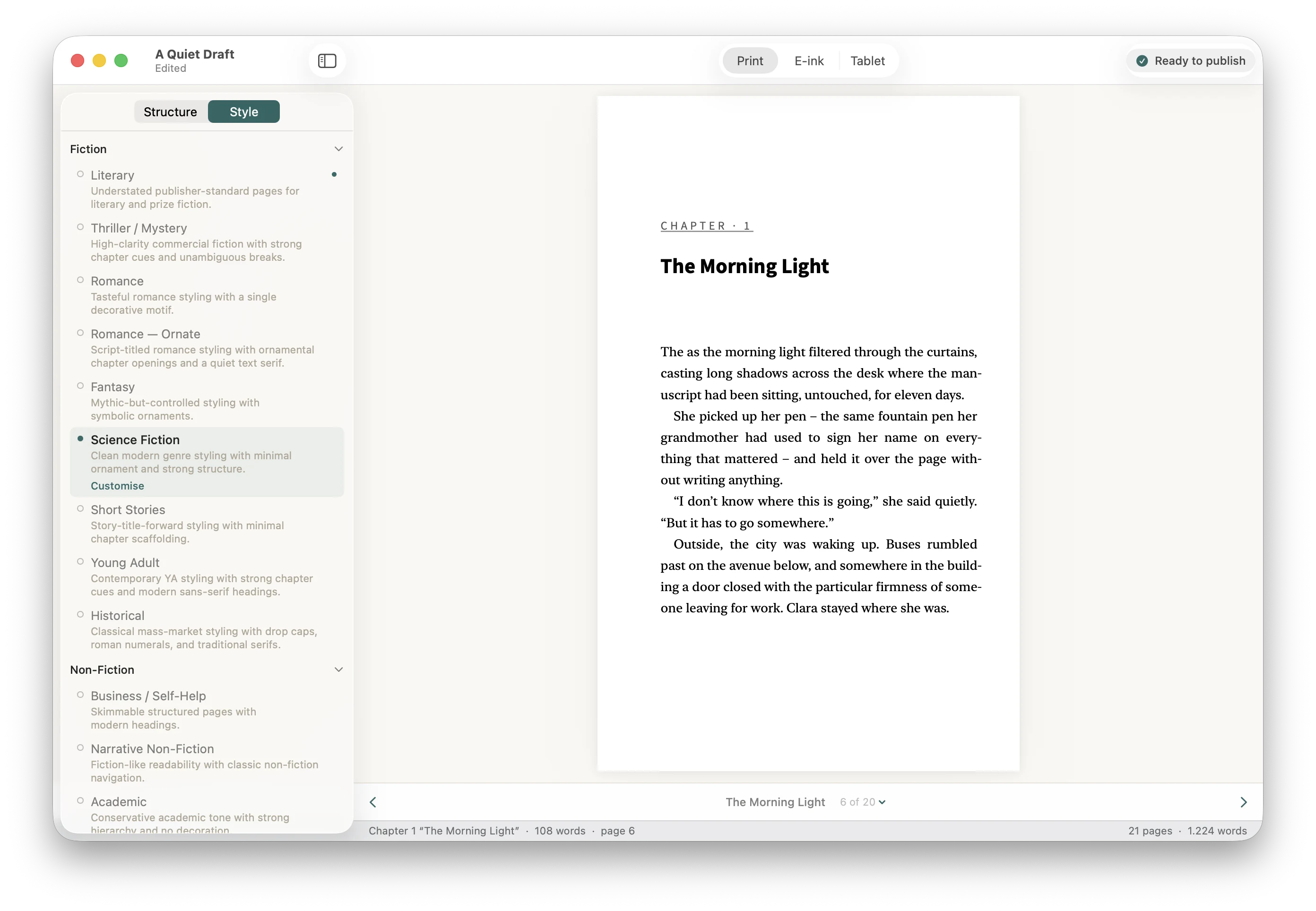 Stet showing book templates beside a live typeset chapter preview.