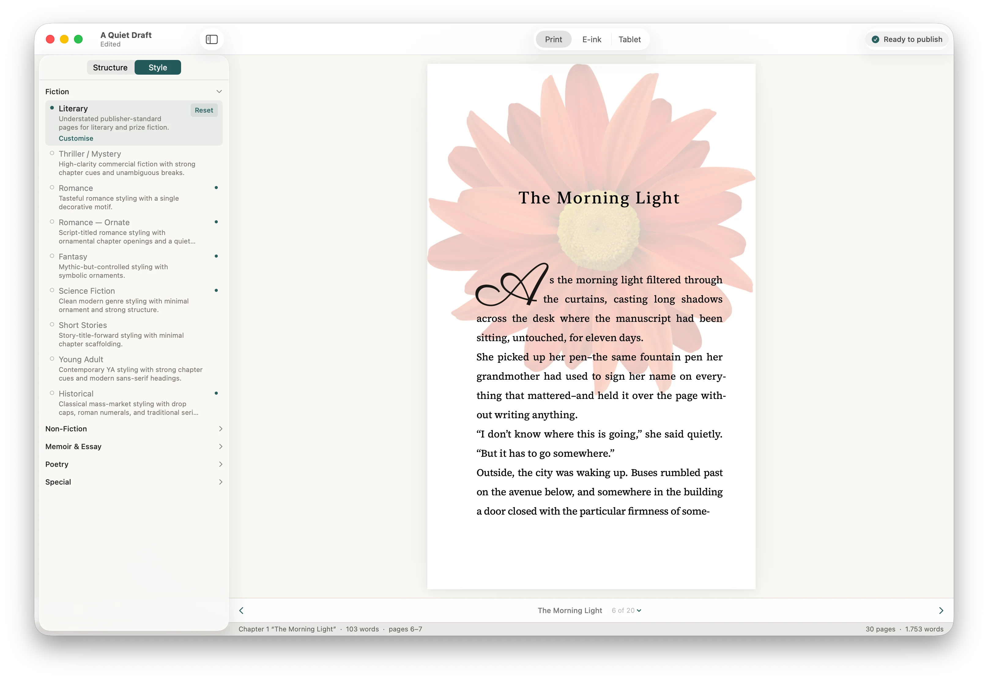 Stet showing chapter-opening design controls beside the finished page.