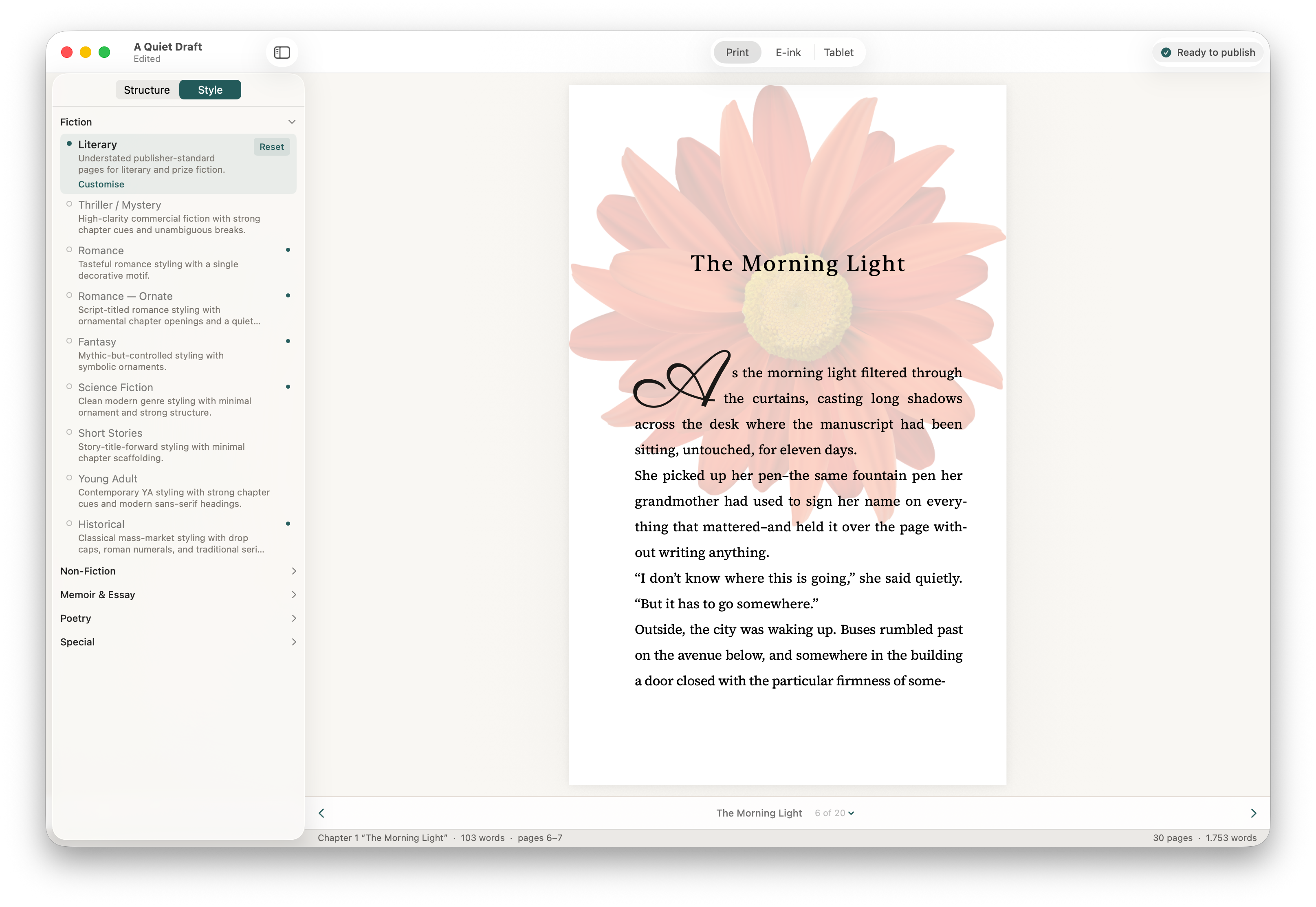 The Stet app showing a template sidebar with Literary selected among 19 templates, and a print preview of a chapter titled 'The Morning Light' with a full-page floral opener background and typeset body text.